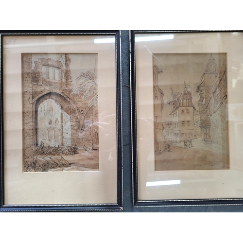 214 - Three watercolours, two 19thC sepia examples depicting courtyard scenes and 3 framed watercolours of... 