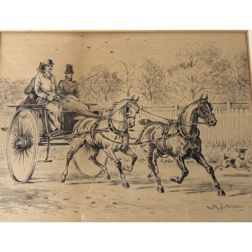 294 - Superb quality A. Robertson 1890s horse on cart, pen and ink in old Oak frame