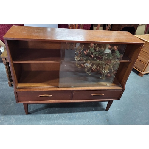 423 - G-plan style 1970s teak, small glazed 2-drawer bookcase,

117cm long