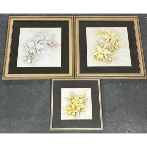 129 - 3 Flower watercolours all framed and glazed signed 