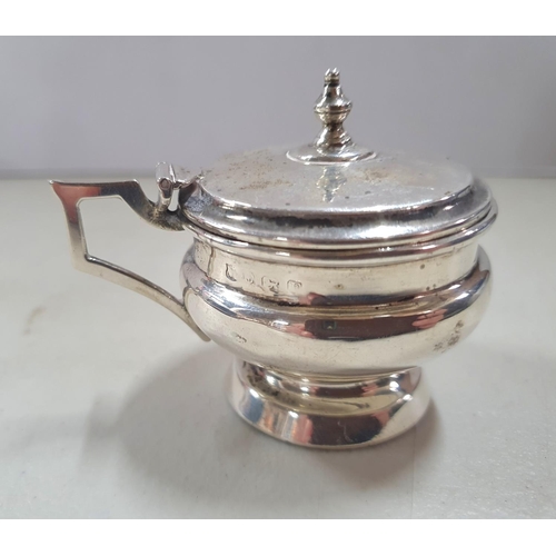 13 - Birmingham 1930 lidded mustard pot with blue glass liner together with 2 engraved silver napkins (3)... 