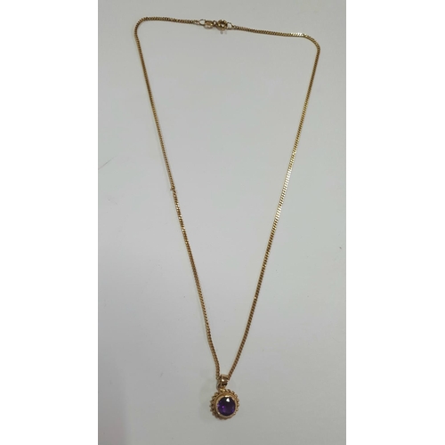 66 - 9ct yellow fine gold chain with a 9ct yellow and Amethyst pendant.

3.1 grams gross