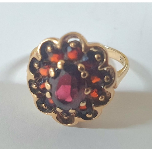 90 - 9ct yellow gold, Garnet cluster ring,

3.9 grams gross              size M