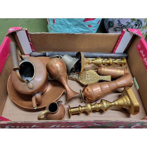 107 - Collection of Copper and brass items including a copper teapot and pair of brass candle stands (Qty)