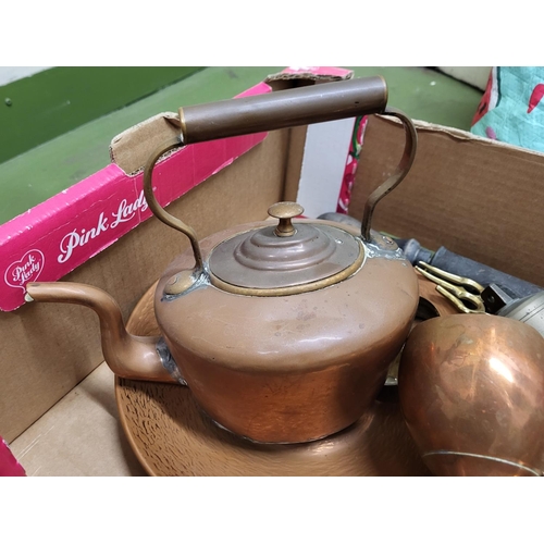 107 - Collection of Copper and brass items including a copper teapot and pair of brass candle stands (Qty)