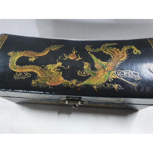 148 - Chinese lacquered box with brass handles and clasp and dragon decoration