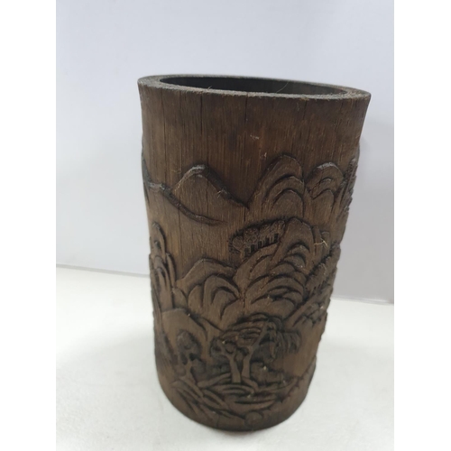 152 - Antique Oriental carved wood brush pot