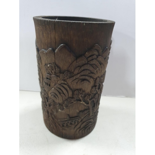 152 - Antique Oriental carved wood brush pot