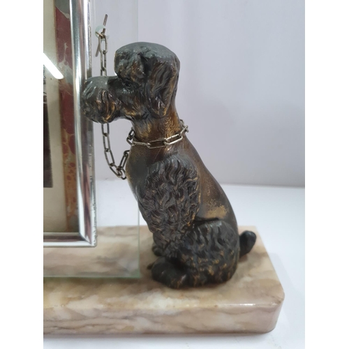 156 - Superb Edwardian Art Deco free standing photo frame with seated metal Poodle on marble plinth with t... 