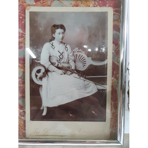 156 - Superb Edwardian Art Deco free standing photo frame with seated metal Poodle on marble plinth with t... 