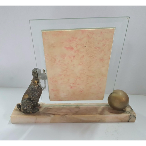 156 - Superb Edwardian Art Deco free standing photo frame with seated metal Poodle on marble plinth with t... 