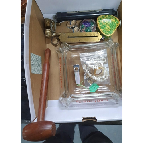 159 - Box containing a misc quantity of various collectables including a trophy, gavel vintage Schweppes a... 