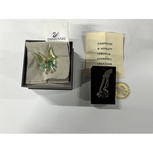 184 - Boxed Swarovski butterfly broach and enamelled sixpence with COA