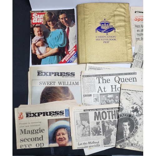 228 - Various Newspapers featuring Princess Diana and a 1937 Coronation souvenir book (Qty)