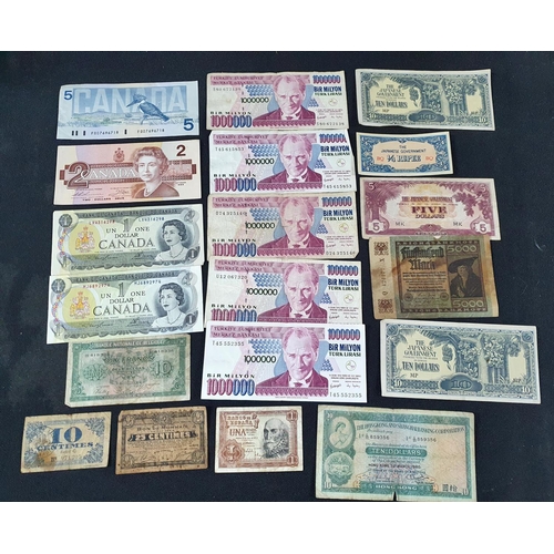 262 - Quantity of world bank notes to include 5million Turkish lira, $9 Canadian, a 1981 $10 Hong Kong not... 