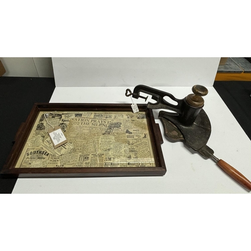 239 - Victorian Orange peeler with Antique tray with old newspaper behind the glass