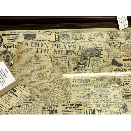 239 - Victorian Orange peeler with Antique tray with old newspaper behind the glass