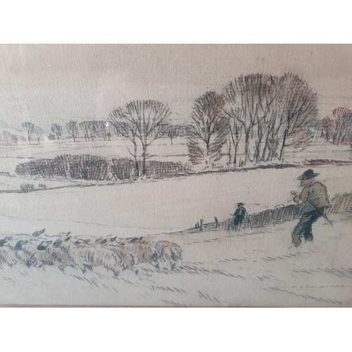 252 - Percy LANCASTER (1878-1951) watercolour and coloured pencil picture depicting a sheep farm in winter... 