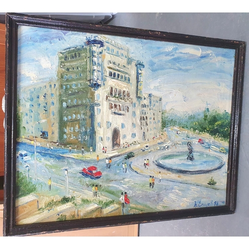 287 - Modernist impasto impressionist Continental school, 1998 oil on canvas, indistinctly signed city sce... 