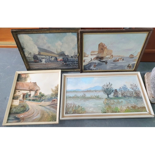 288 - Collection of 3 oil paintings and one early 20thC cottage scene watercolour (4), all framed