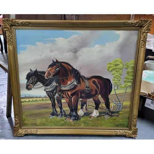 290 - Framed oil on board signed by Billy Hobson depicting a pair of ploughing horses

measuring 40cm x 45... 