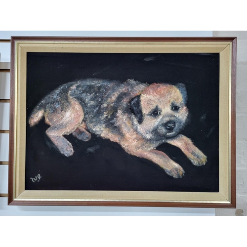 291 - Framed picture of a Oil on felt depicting a pug attributed to Billy Hobson, 

The oil measures 43cm ... 