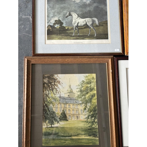 133 - Collection of pcitures including prints and watercolour, an old book and George Stubbs 