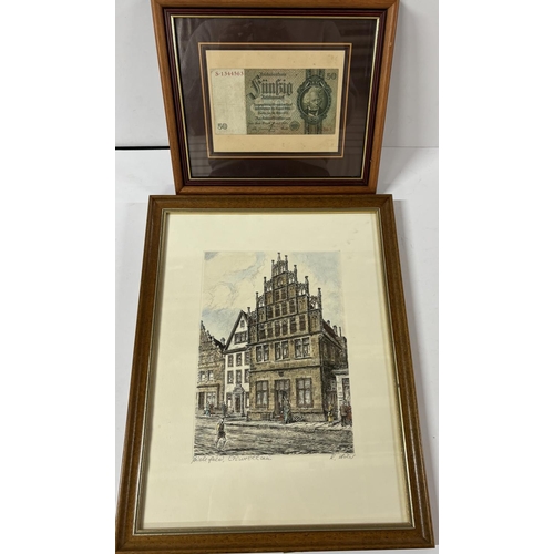 51 - Framed German note with an indistinctly signed 20thC coloured etching, both framed (2)