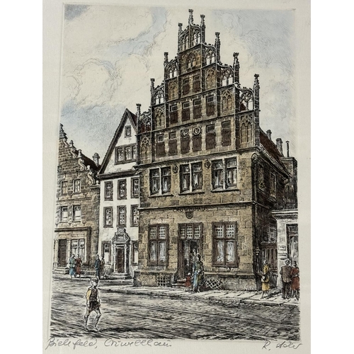 51 - Framed German note with an indistinctly signed 20thC coloured etching, both framed (2)