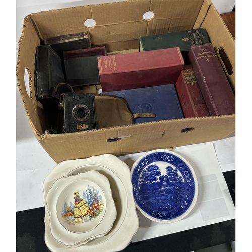 353 - Box of books and cermaics with a camera