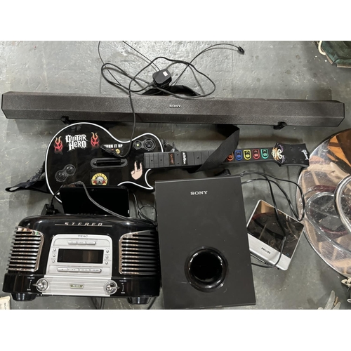 399 - Sony soundbar with Sony sub and a guitar hero guitar with others