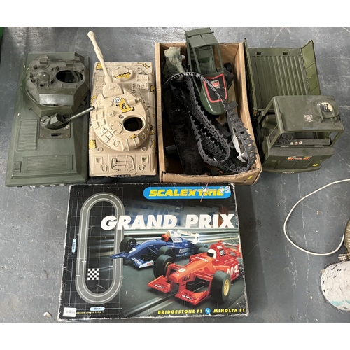 444 - 2 Toy tanks with jeep and other and boxed Scalextric Grand Prix