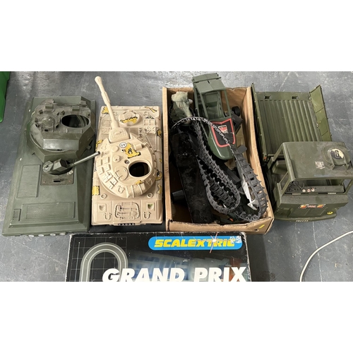 444 - 2 Toy tanks with jeep and other and boxed Scalextric Grand Prix