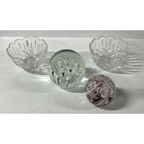 568 - Langham glass paper weight with another and 2 glass dishes along with Poole pottery dolphin