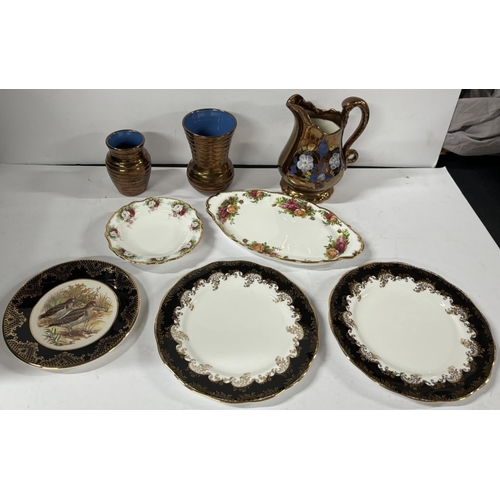 587 - 4 Royal Albert plates including black Diamond and Old Country Roses with 3 luster jugs and a Weather... 