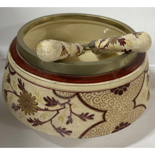 594 - Large Edwardian ceramic salad bowl with 2 spoons, unmarked to base