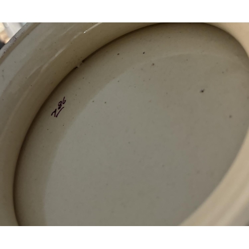 594 - Large Edwardian ceramic salad bowl with 2 spoons, unmarked to base