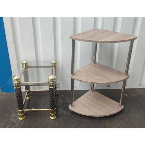 608 - A decorative glass and brass side-table and a corner shelving unit (2)