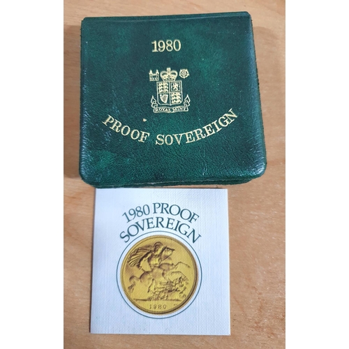 303 - Queen Elizabeth II 1980 PROOF sovereign in Royal Mint soft green case with COA,

8 grams