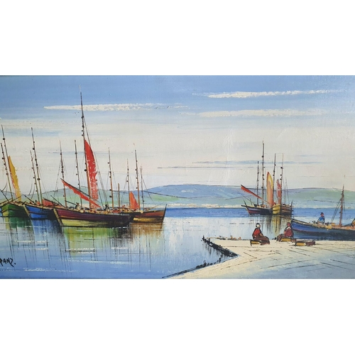 130 - Large fine quality French retro oil on canvas painting depicting French fishing boats in harbour sig... 