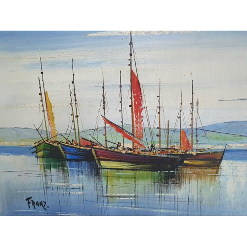 130 - Large fine quality French retro oil on canvas painting depicting French fishing boats in harbour sig... 