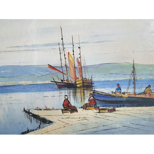 130 - Large fine quality French retro oil on canvas painting depicting French fishing boats in harbour sig... 