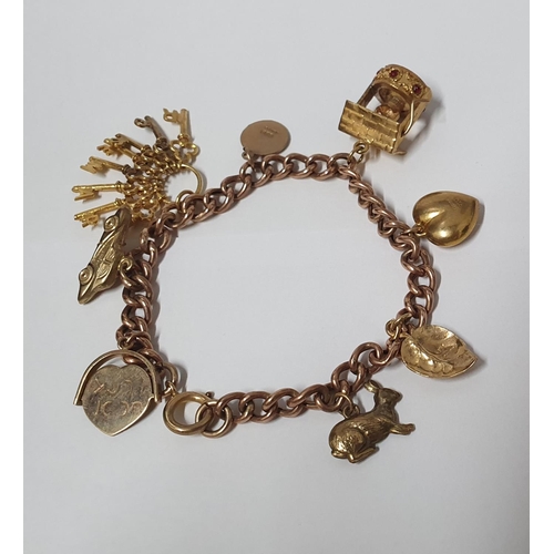 6 - 9ct rose gold charm bracelet with 8 charms,

20.4 grams