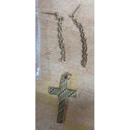 65 - 9ct yellow gold pendant cross together with 9ct gold rope earrings (total weight 1.8 grams) together... 