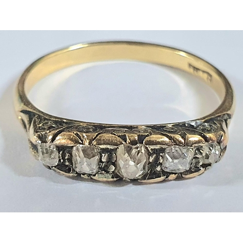 82 - 18ct stamped yellow metal with 5 old cut diamonds in graduating size from the largest, central stone... 