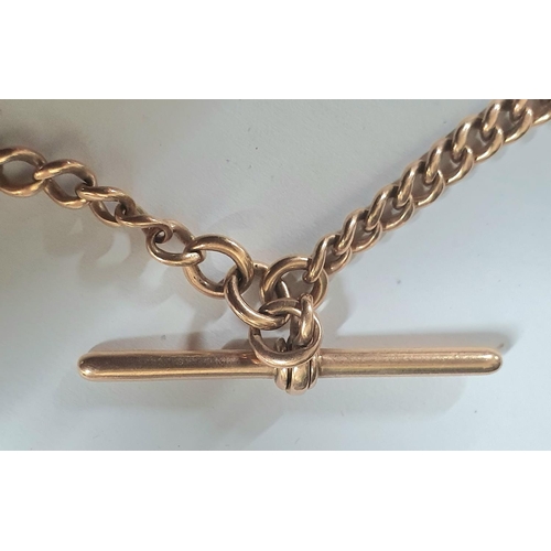 89 - 9ct rose gold Albert chain with T-bar, each link stamped 395 and  at one end a non gold watch key,

... 