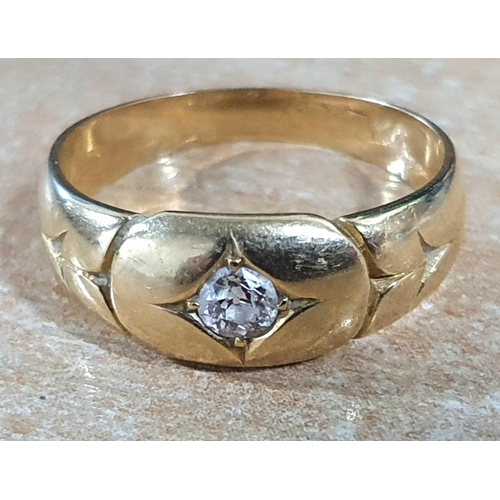 98 - Ladies heavy gold ring, hallmarked but mainly rubbed 18ct yellow gold ring inset with 1 round cut di... 