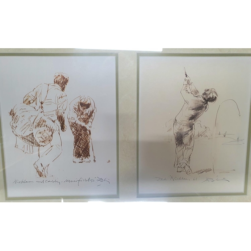 222 - Harold RILEY (1934-2023) set of 4 Golfing themed prints, all hand signed by the artist, in 3 matchin... 