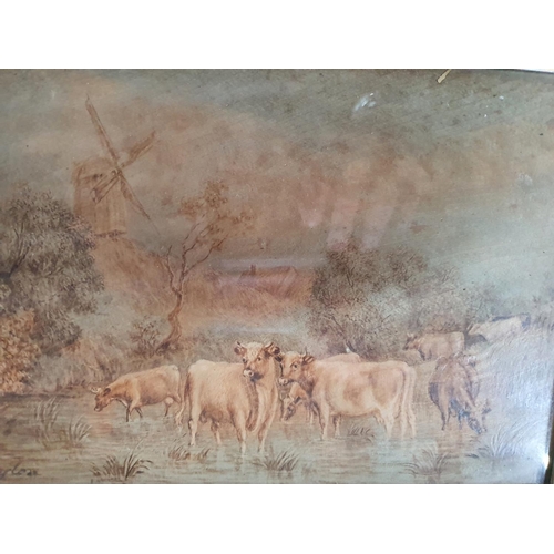 246 - Victorian oil on Mahogany panel depicting Cows in marshland with a windmill in the distance which is... 