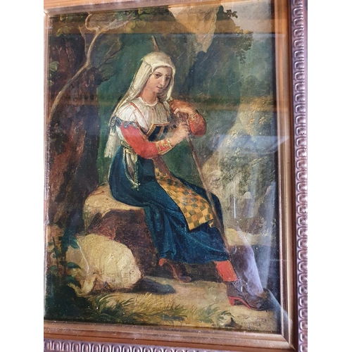 247 - Unsigned 19thC Italian school oil on wood panel depicting a peasant girl in tradition dress sat rest... 